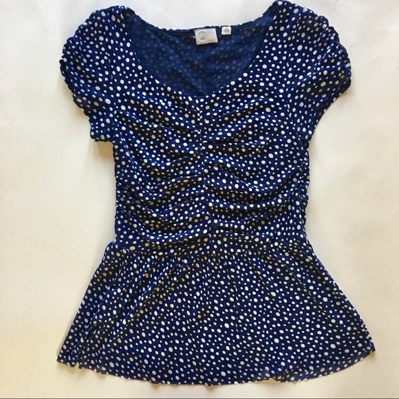 Anthropologie Gathered Mesh Peplum Tee, Navy Dot - Picture 2 of 6